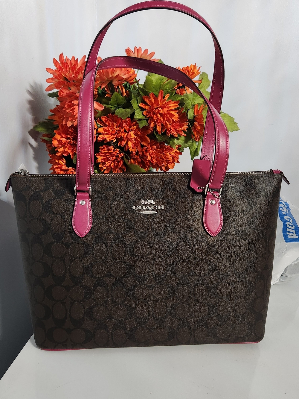 Coach Brown Signature Tote with Pink Trim